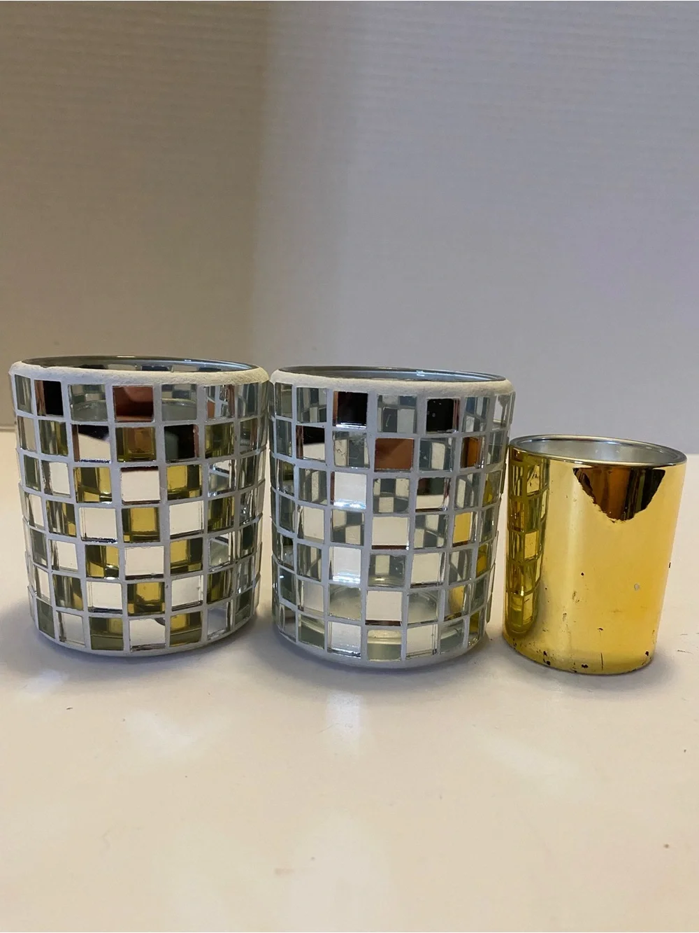 Silver Mirror Mosaic Votive Glass Candle Holder With Gold Insert Set Of 2